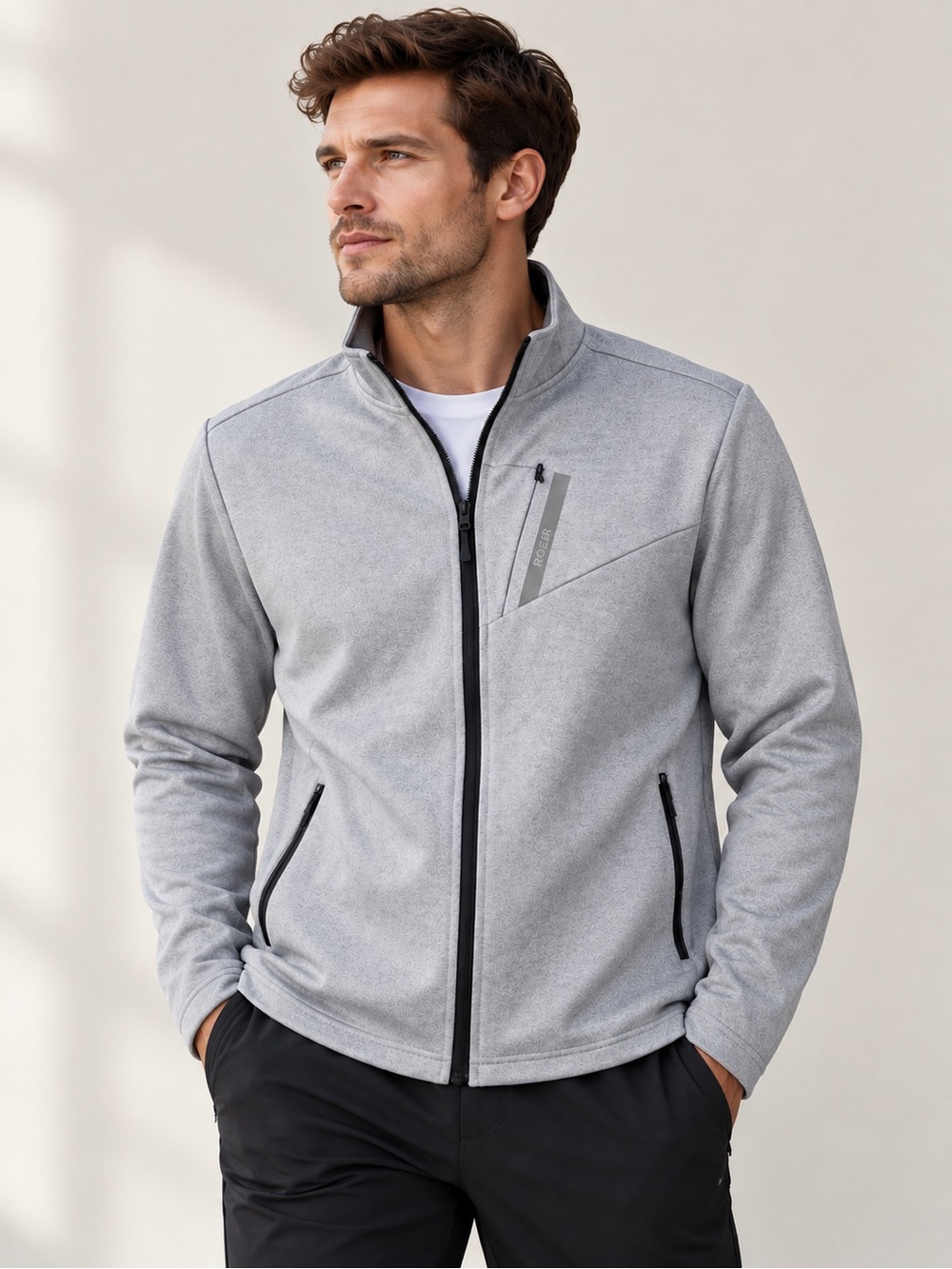 MoFiz Men’s XL Full Zip Athletic Jacket Gray Stretch Reflective Zip Pockets